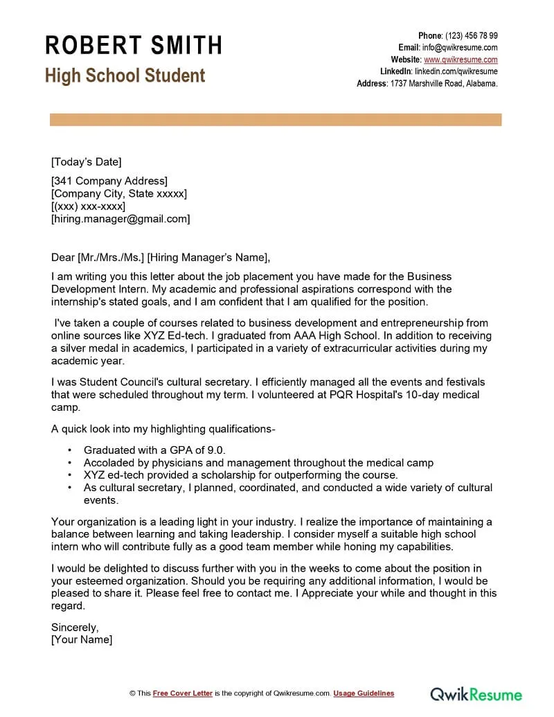31084 high school student cover letter importance