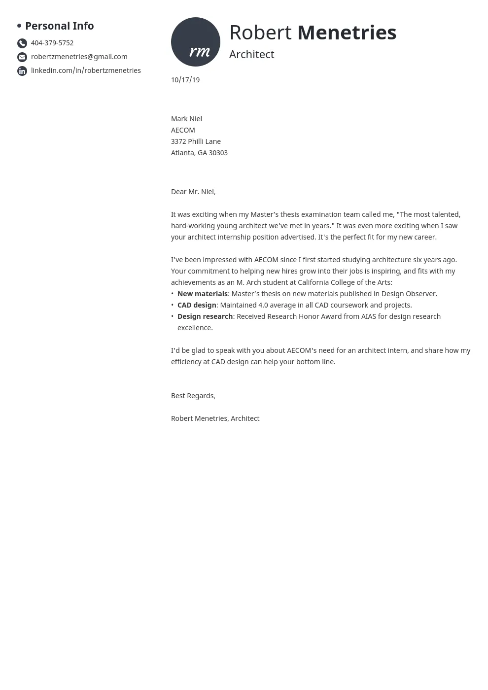 31122 architecture cover letter skills