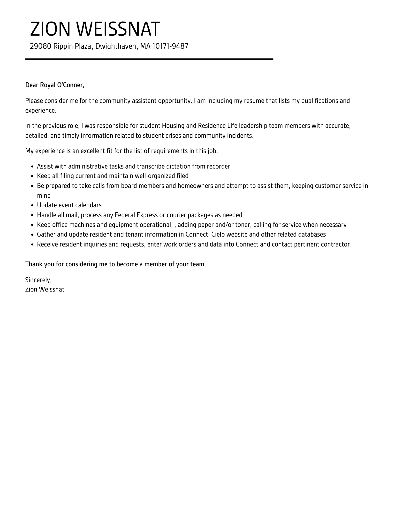 31126 community assistant cover letter experience