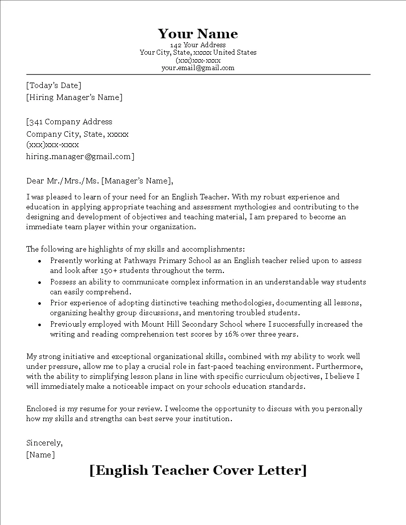 31128 teacher cover letter achievements