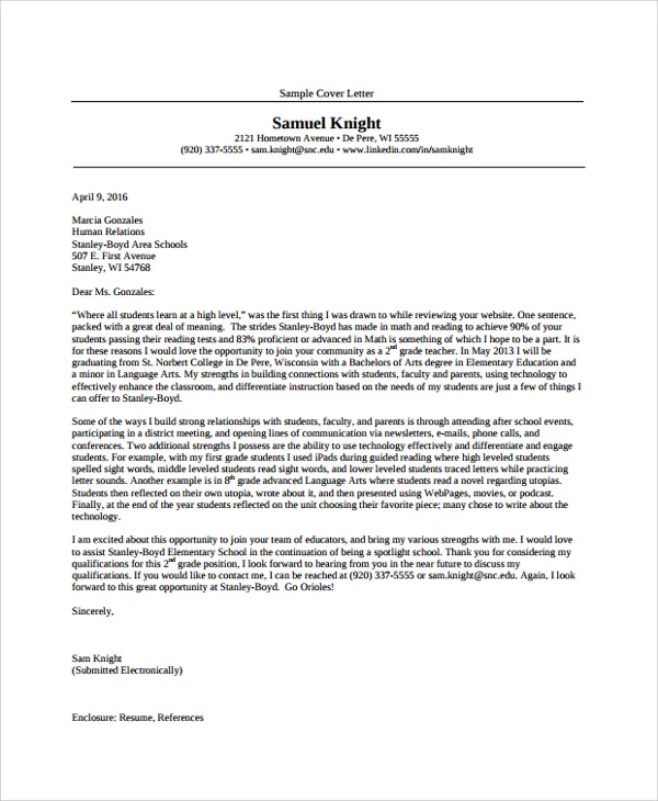 31182 early childhood education cover letter experience