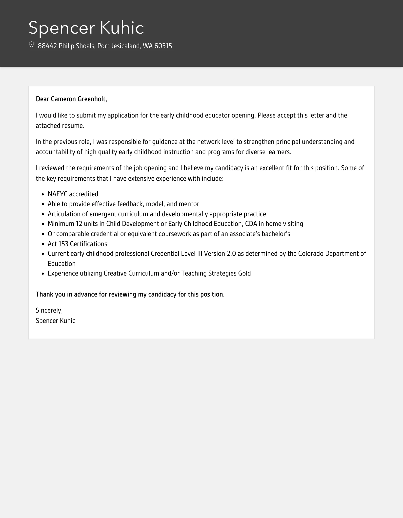 31182 early childhood education cover letter skills