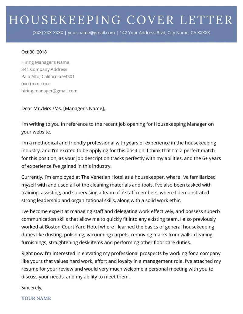 31234 housekeeping cover letter