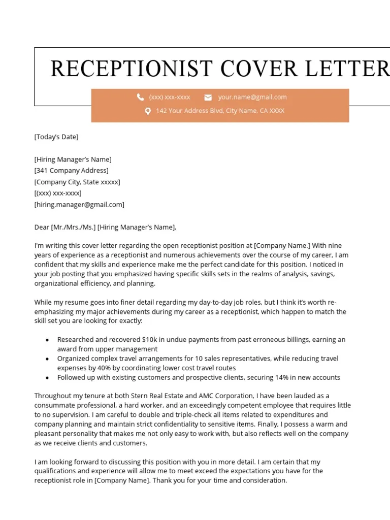 31245 receptionist cover letter example