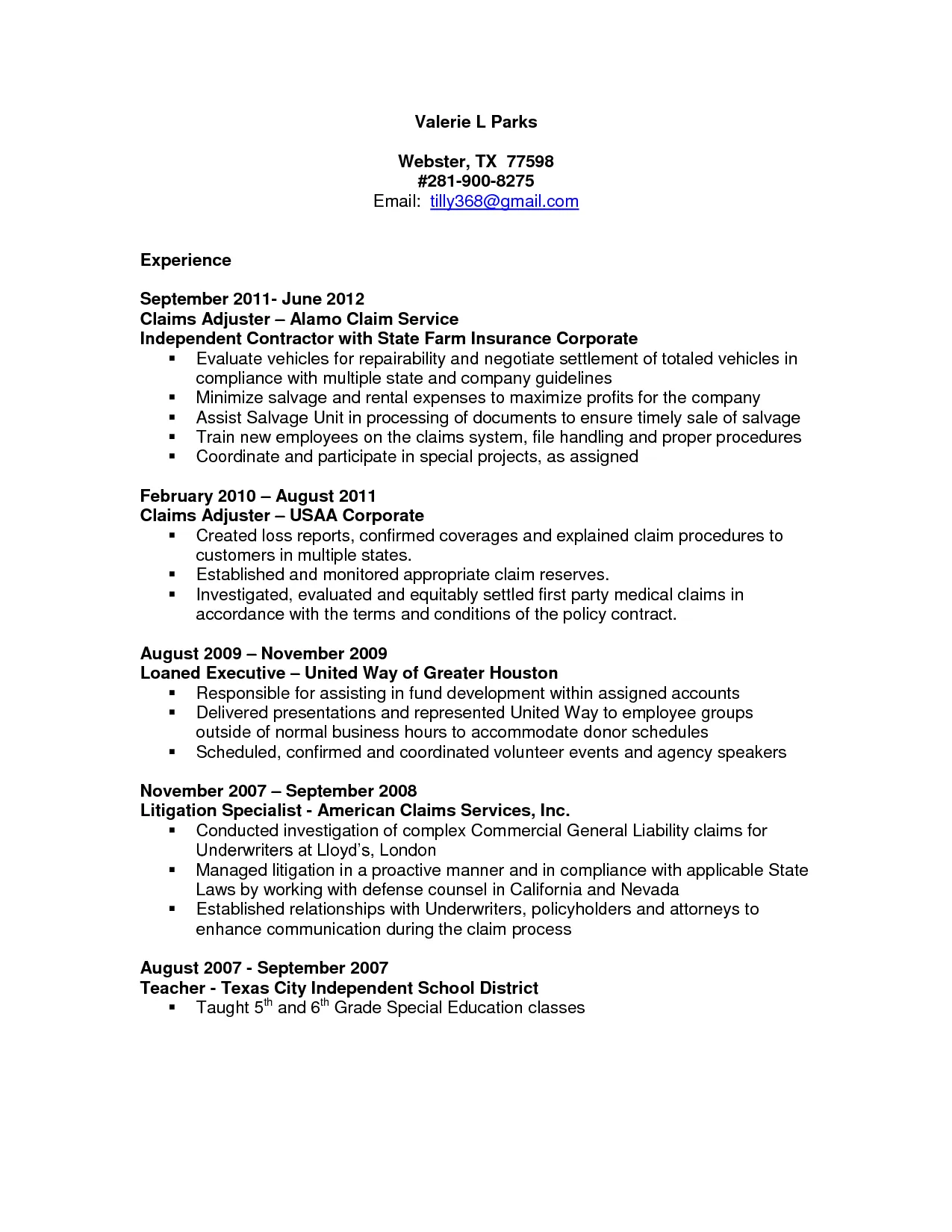 31258 claims adjuster cover letter