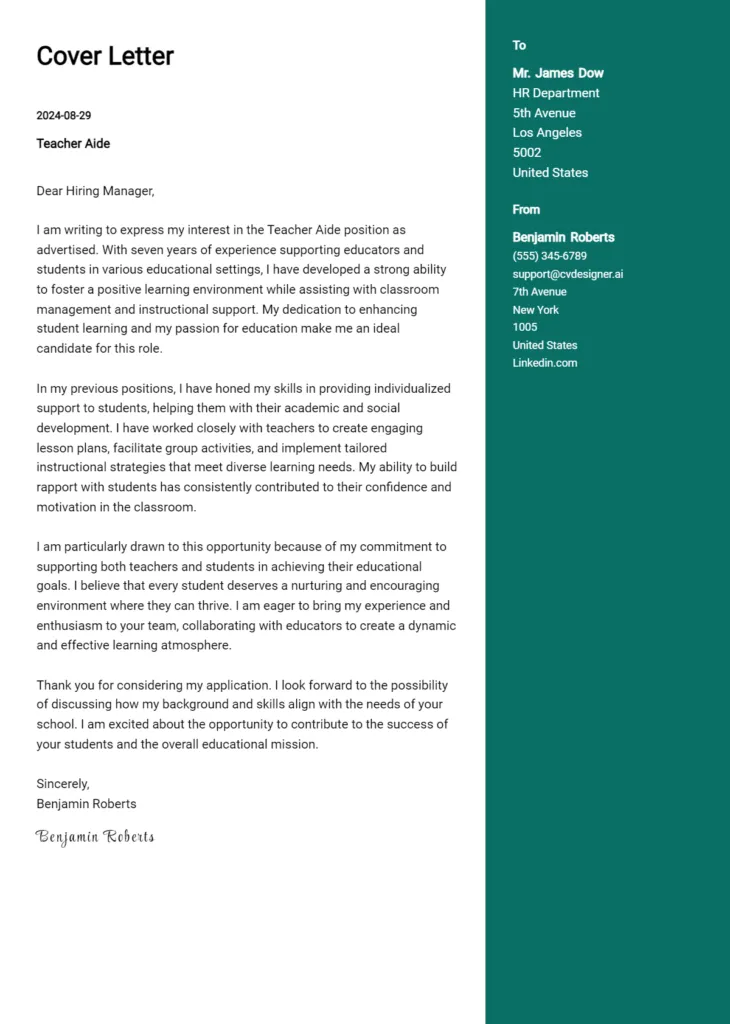 31263 cover letter formatting teacher aide