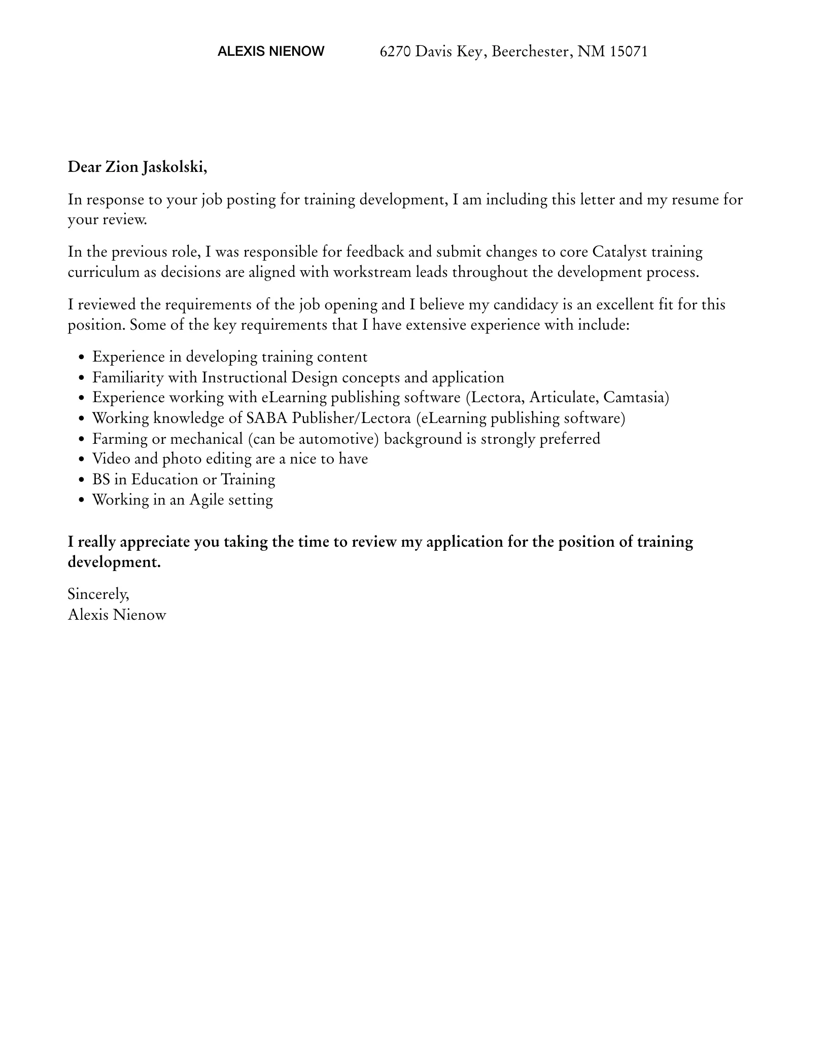 31266 training development cover letter skills