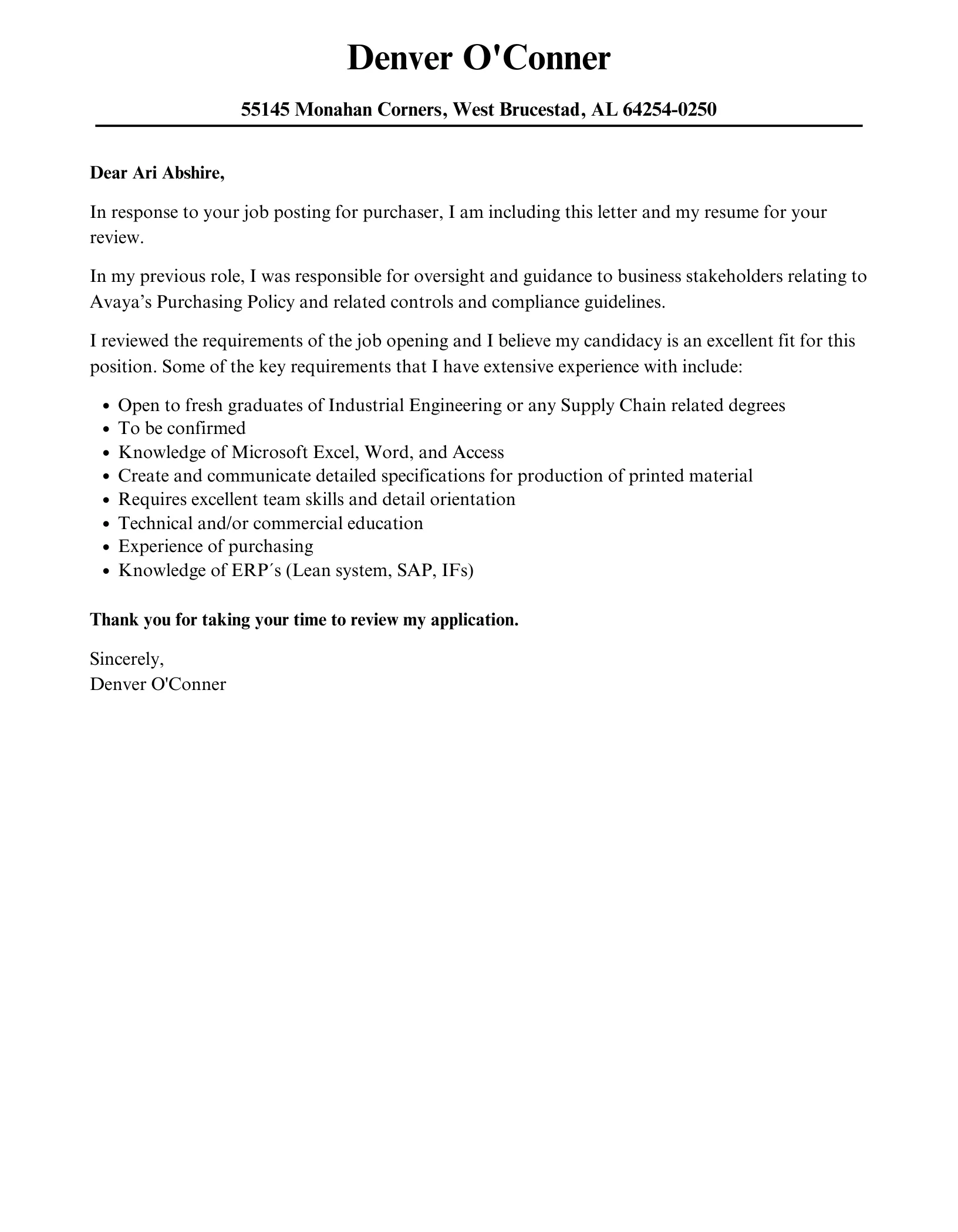 31300 cover letter purchaser components
