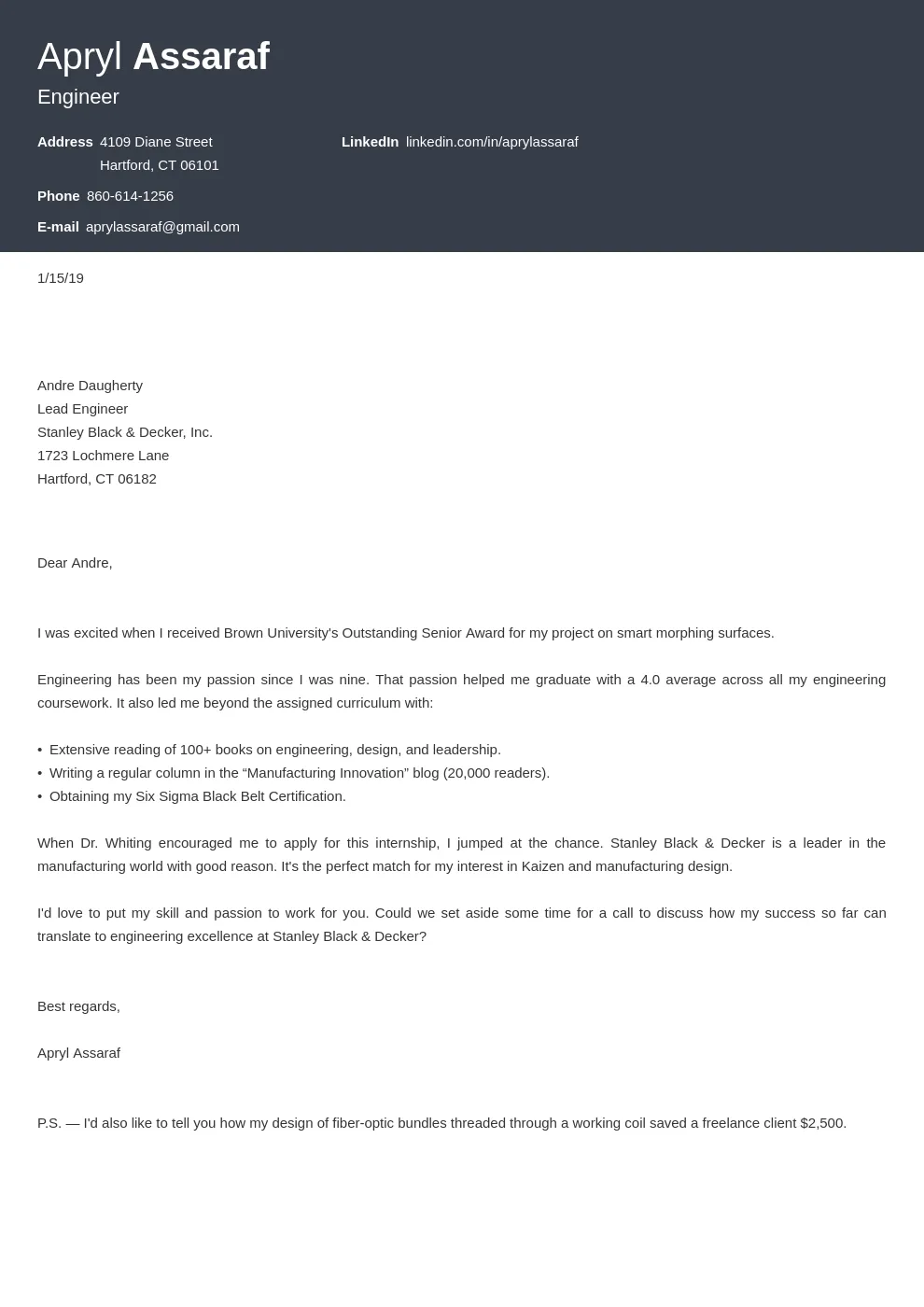 31325 internship cover letter header