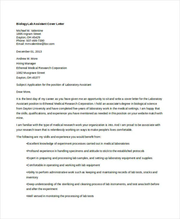 31340 lab assistant cover letter sample
