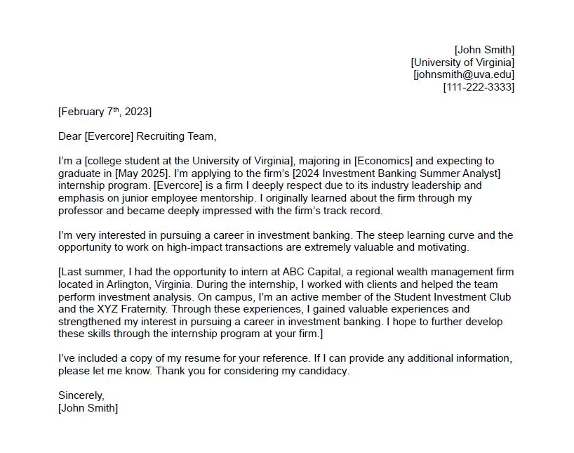 31348 investment banking cover letter components