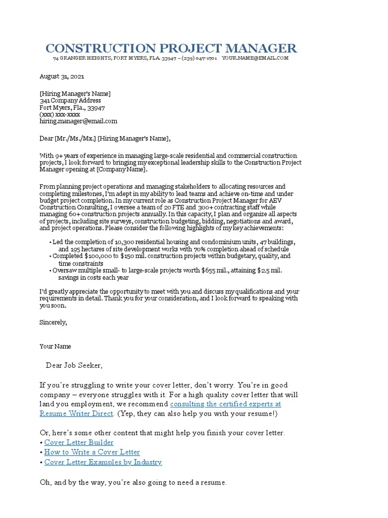 31376 project manager cover letter writing