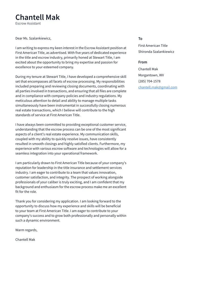31378 escrow assistant cover letter tips