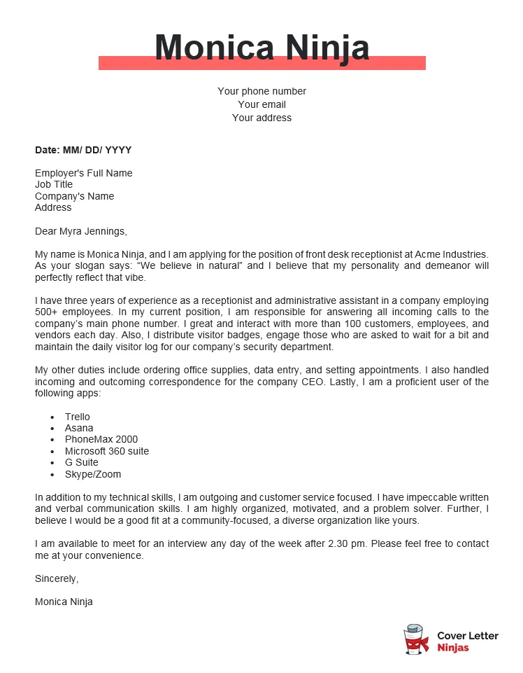 31432 receptionist sample cover letter