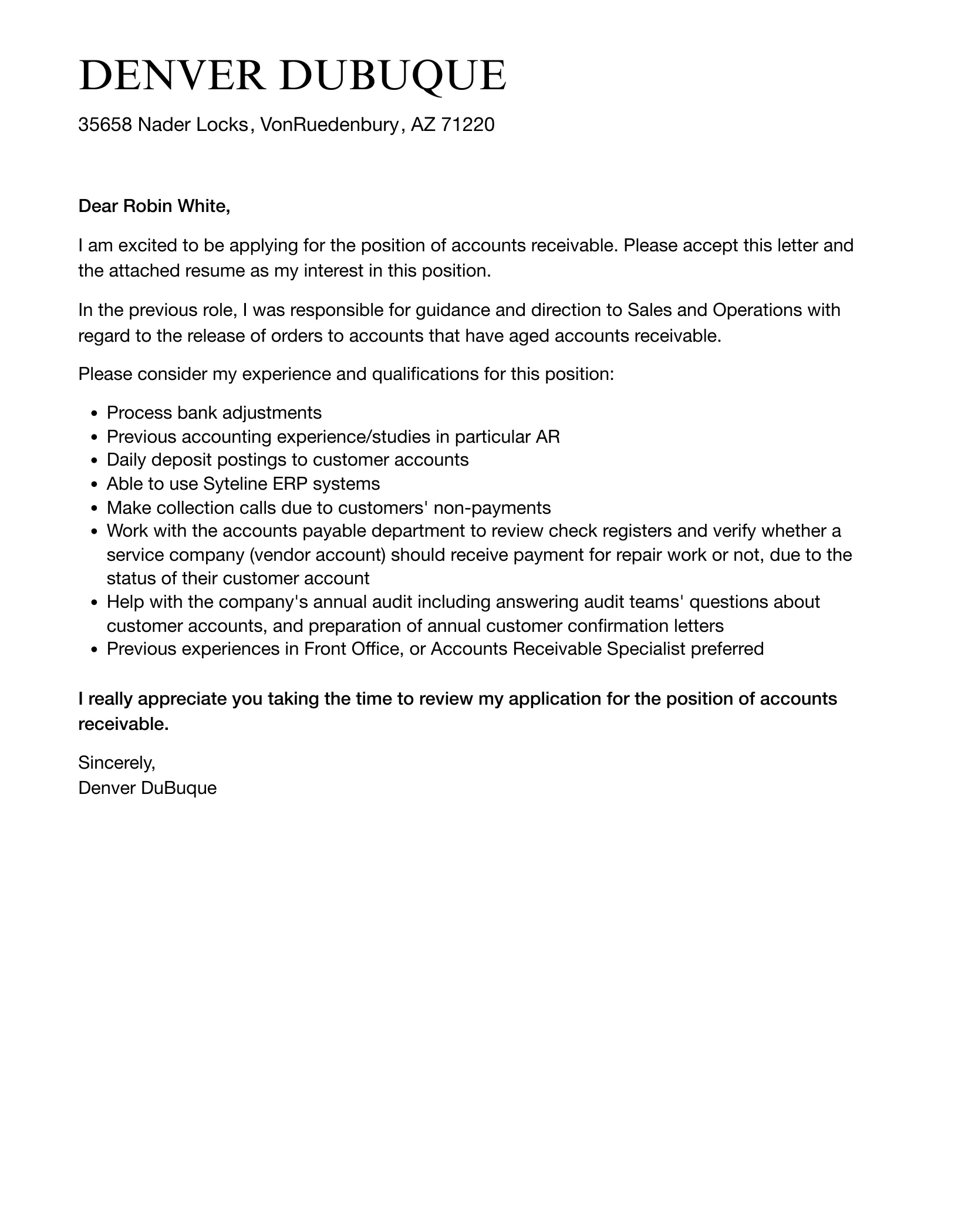 31442 account receivable closing cover letter